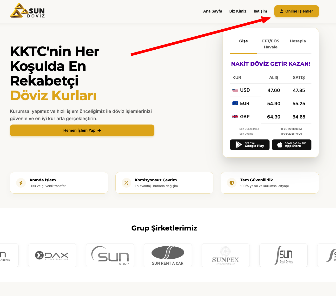 sundoviz.com ana sayfa — Online İşlemler butonu