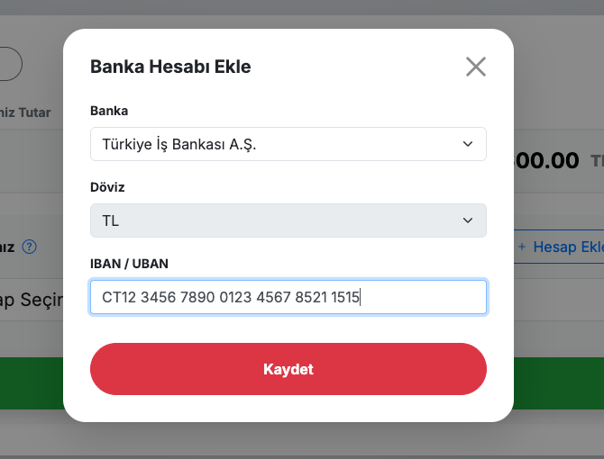 Banka hesabı ekleme